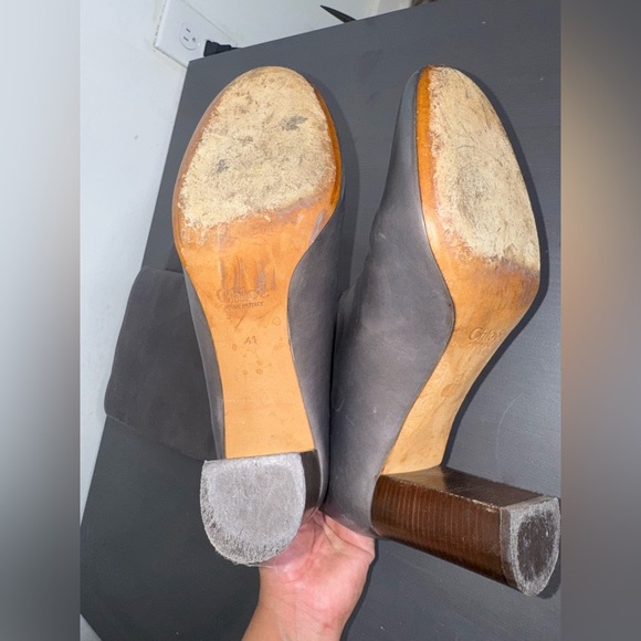 Chloe Gray Leather Wooden Heel Tall Boots - Picture 5 of 10